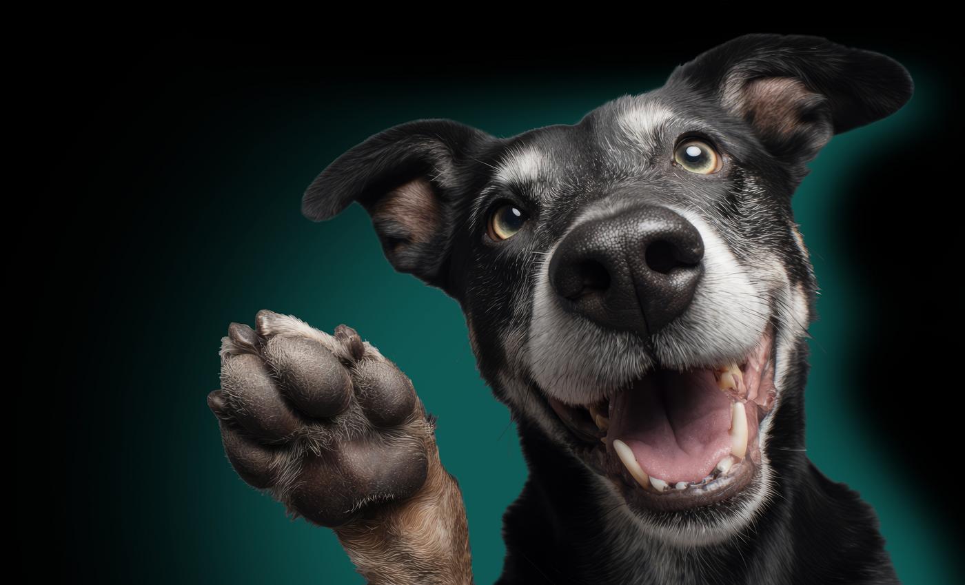 Fröhlicher Hund Fröhlicher Hund in der Tierarztpraxis Dr. Elke Kalvelage mit grüßender Pfote